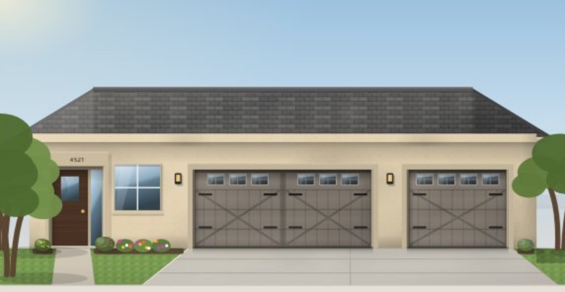 A drawing of a house with carriage-style garage doors, made in the door designer